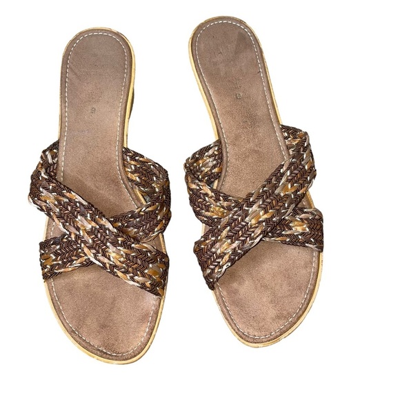 Italian Shoe Maker sandals wedge braided straps cross over brown gold SZ 9 tan - Picture 4 of 9